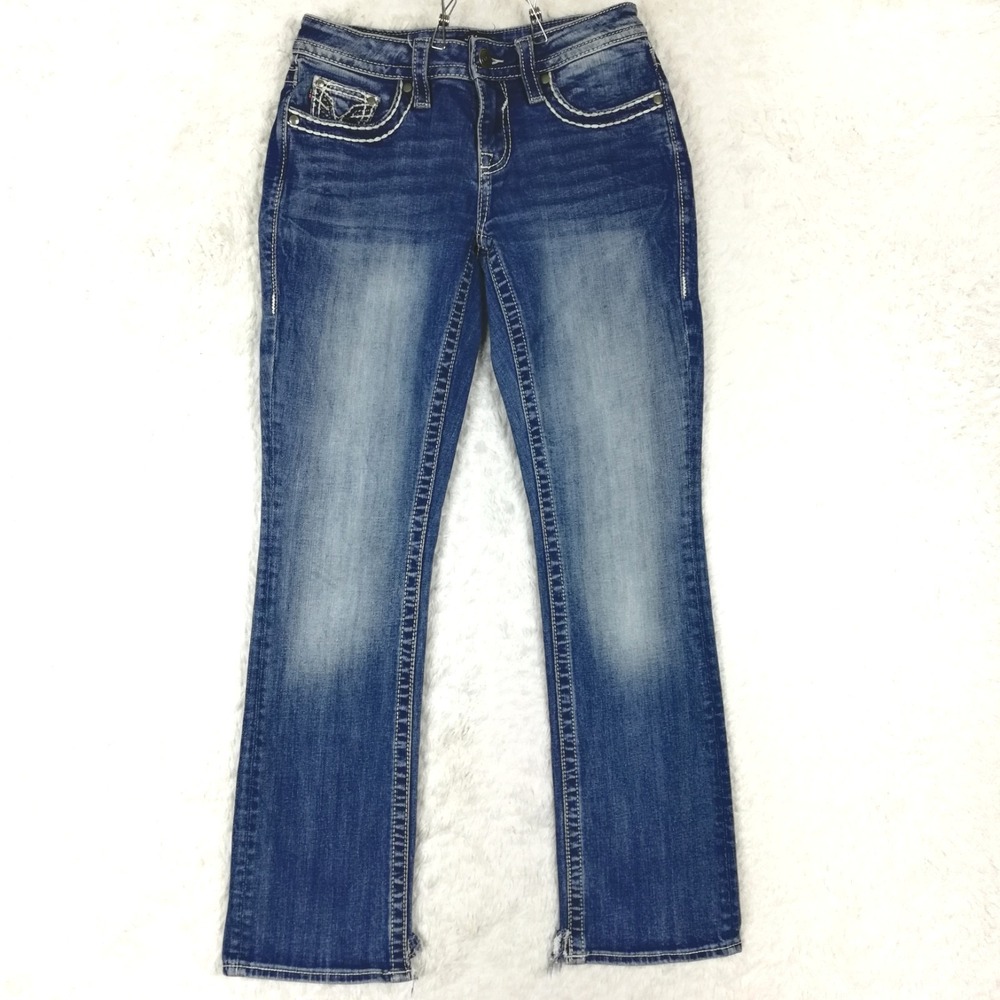 Vigoss Womens Jeans Slim Boot Cut Blue Denim Stone Wash Low Rise Whiskering 4